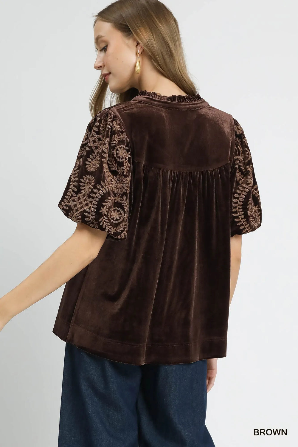 Brown Umgee Full Size Velvet Embroidered Sleeve Blouse Plus Size