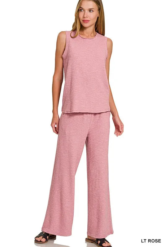 Lt Rose Zenana Cotton Slub Tank And Pants Set
