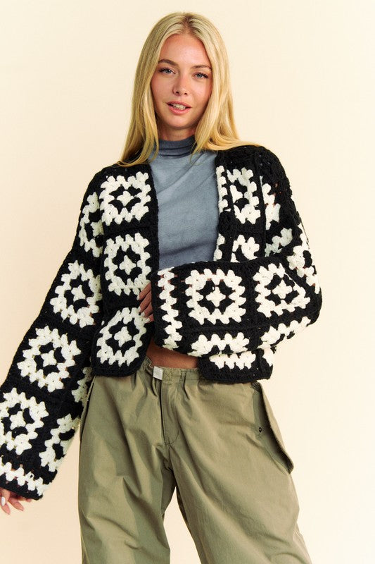 WHITE BLACK Davi Dani Full Size Two Tone Flower Square Crochet Open Front Cardigan