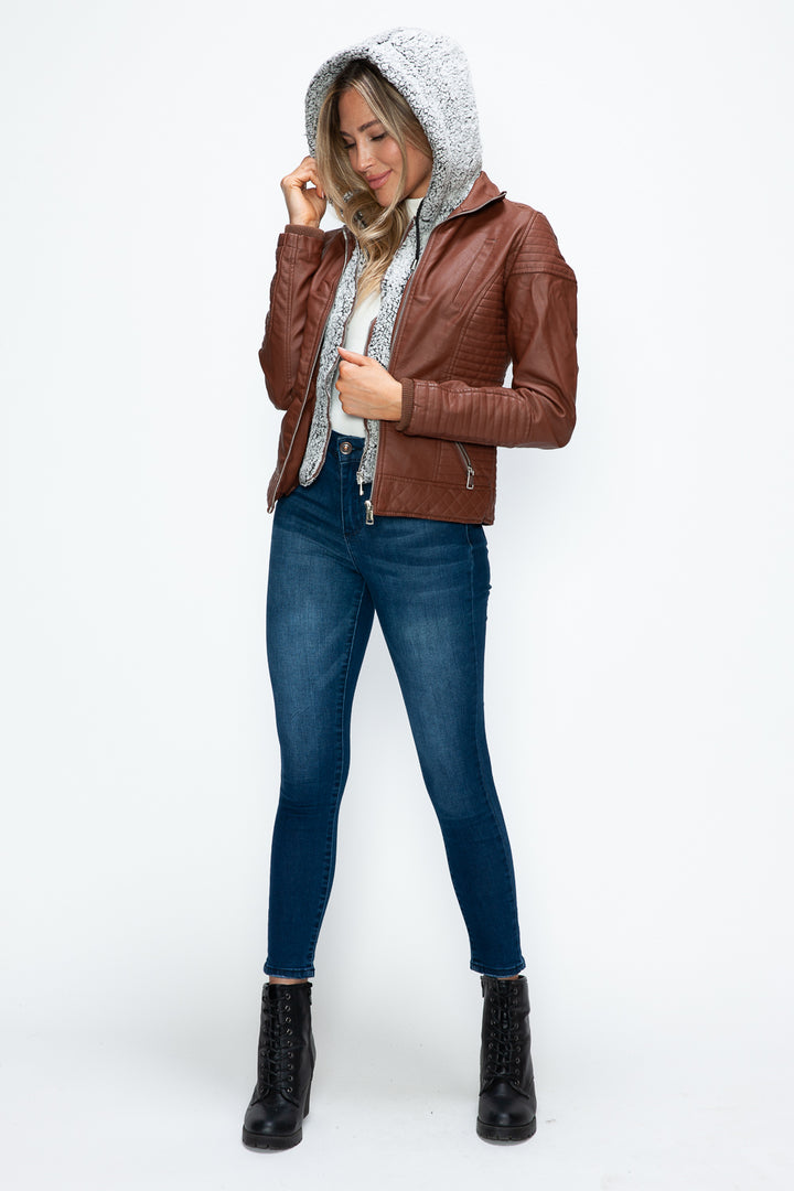 Ymi Faux Layered Double Zipper Jacket With Fuzzy Hood 5