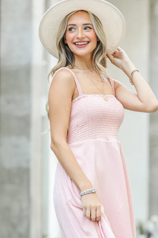 And The Why Smocking Open Back Sleeveless Midi Dress