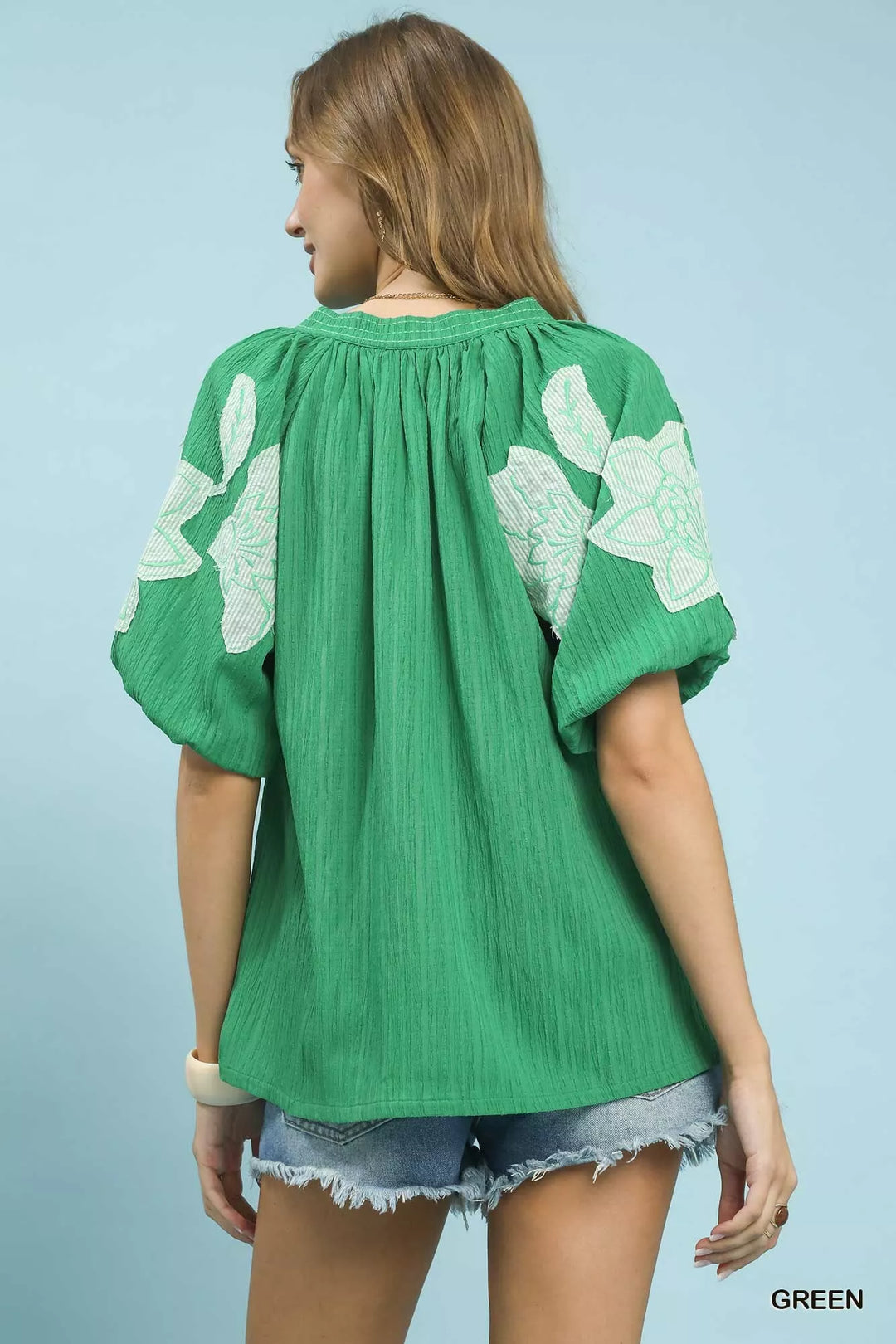 Green Umgee Embroidered Balloon Sleeve Notch Neck Blouse 1