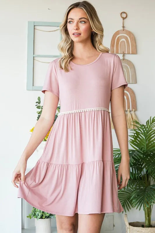 Dusty Rose Heimish Full Size Solid Mini Tiered Dress With Pompom Lace Plus Size