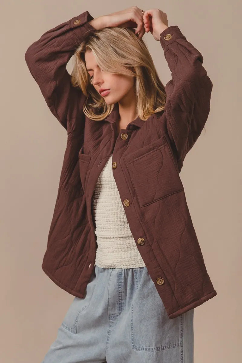 Mocha Bibi Quilted Wrinkle Gauze Long Sleeve Shacket