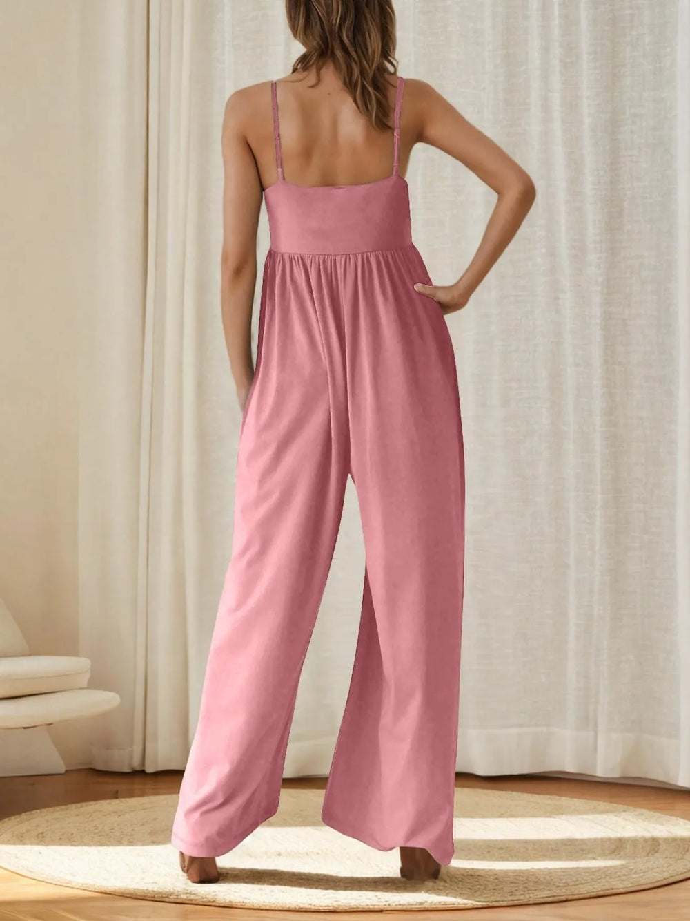 Pink Spaghetti Strap Wide Leg Jumpsuit 1