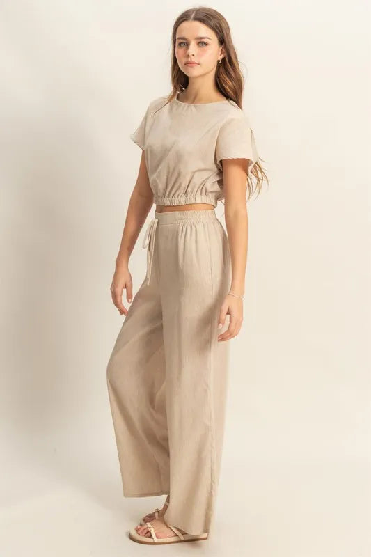 Tan Hyfve Round Neck Short Sleeve Top And Pants Set