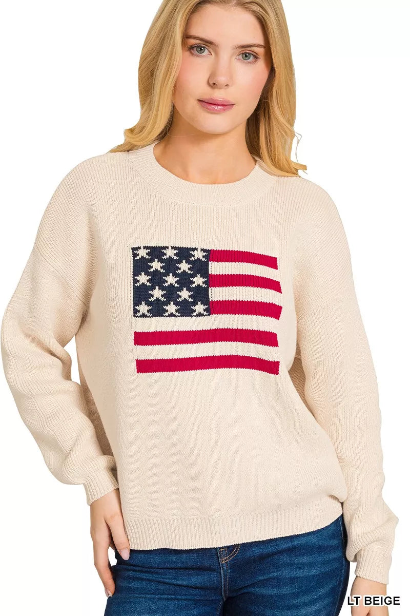 Lt Beige Zenana American Flag Crew Neck Sweater