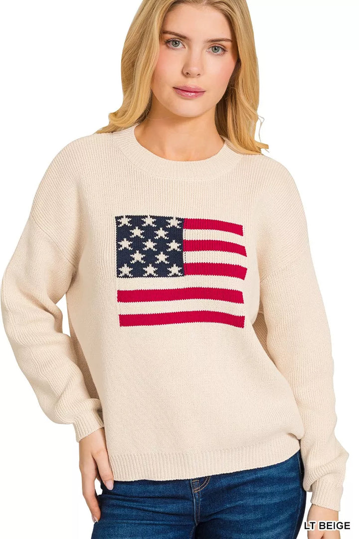 Lt Beige Zenana American Flag Crew Neck Sweater