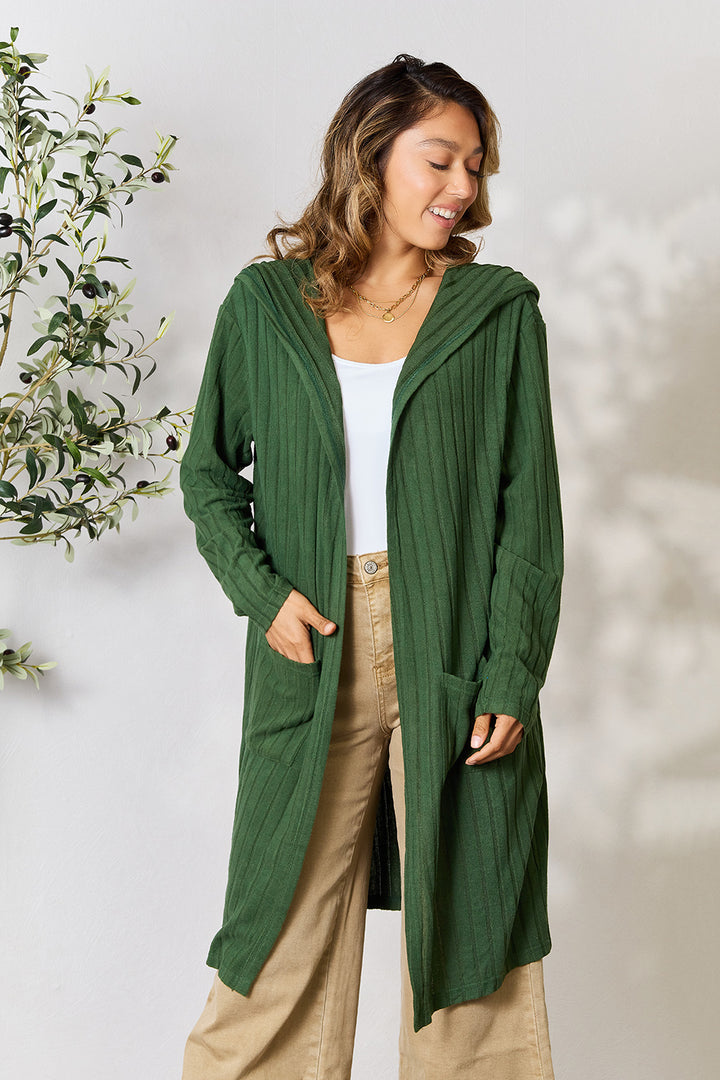 Dark Green Basic Bae Full Size Hooded Sweater Cardigan