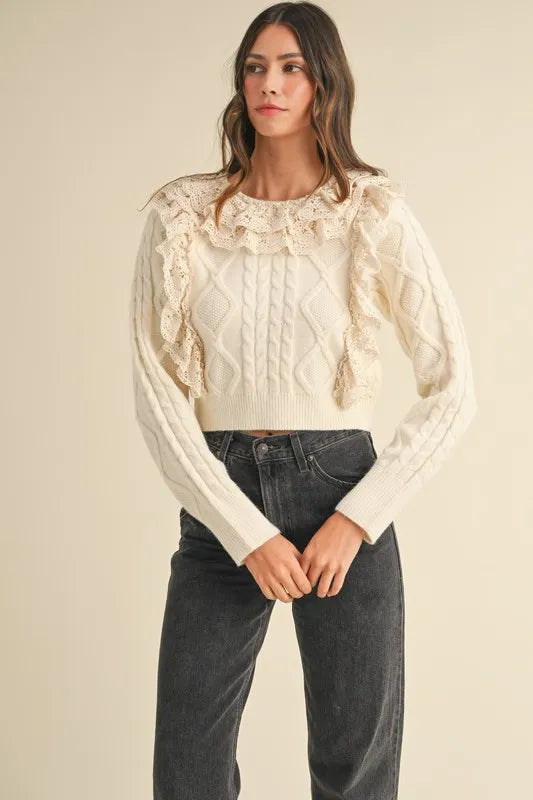Cream Mable Ruffled Lace Crochet Sweater