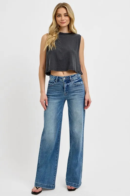 Medium Risen Full Size Tummy Control High Rise Wide Adjustable Waist Band Jeans Plus Size