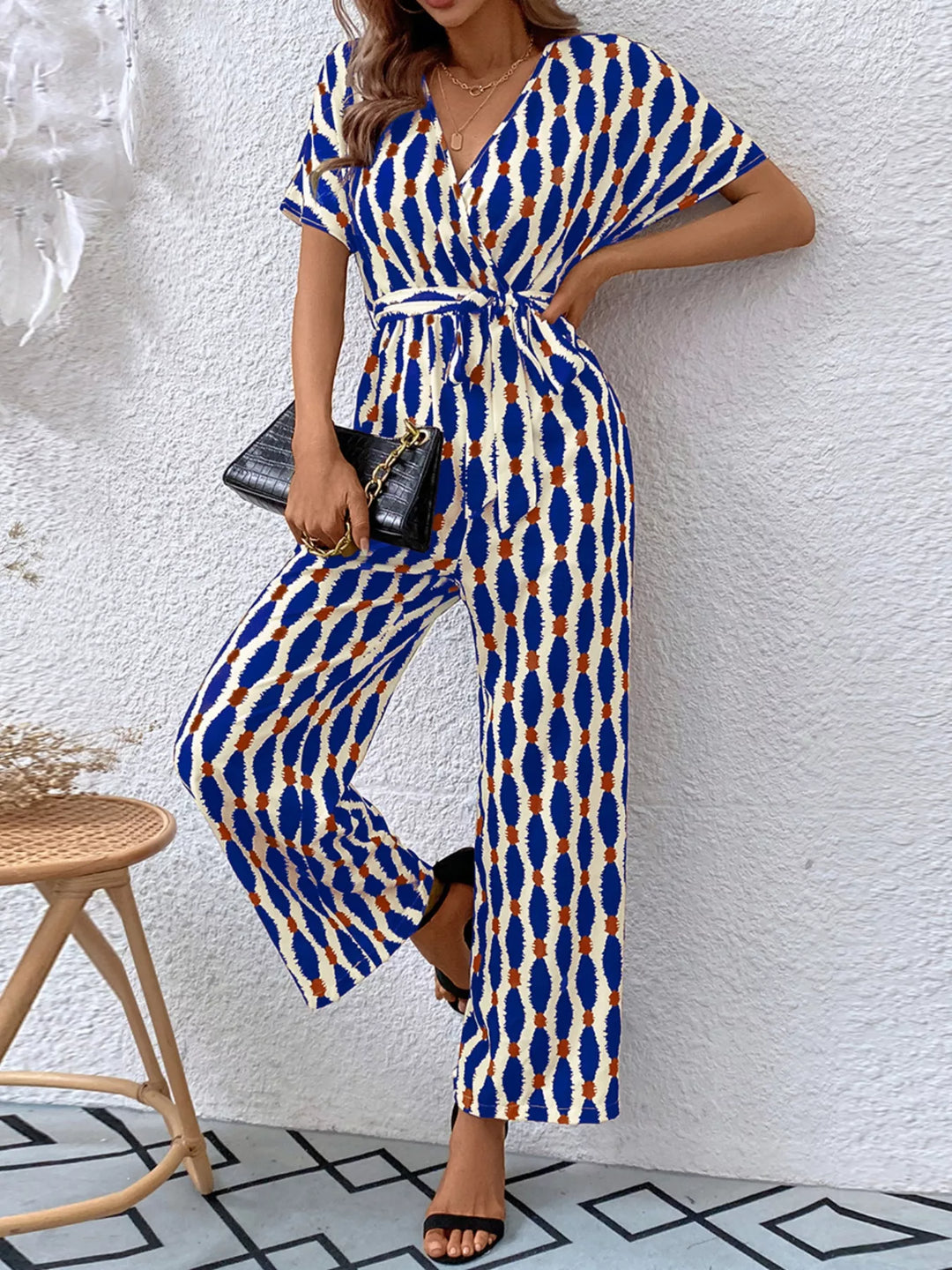 Printed Surplice Tie Waist Short Sleeve Jumpsuit