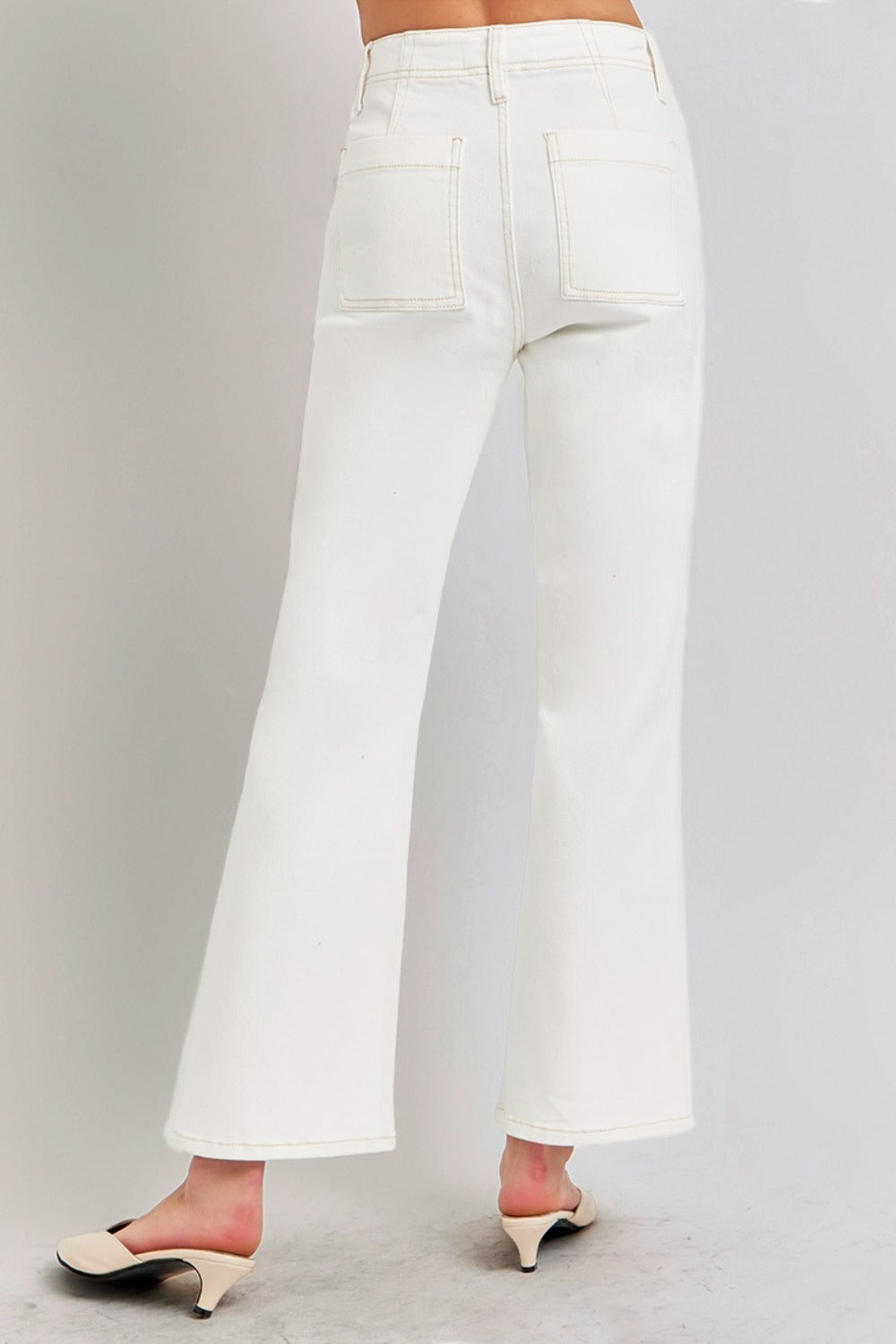 Cream Risen High Rise Ankle Flare Jeans With Patch Pockets