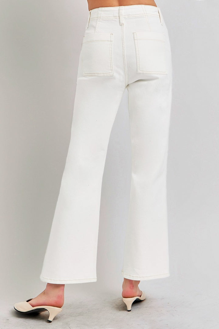 Cream Risen High Rise Ankle Flare Jeans With Patch Pockets