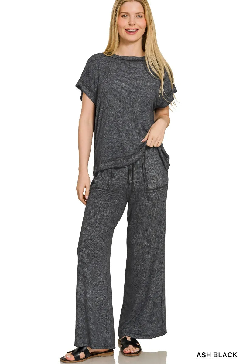 Ash Black Zenana Ribbed Acid Wash Rayon Top Pants Set