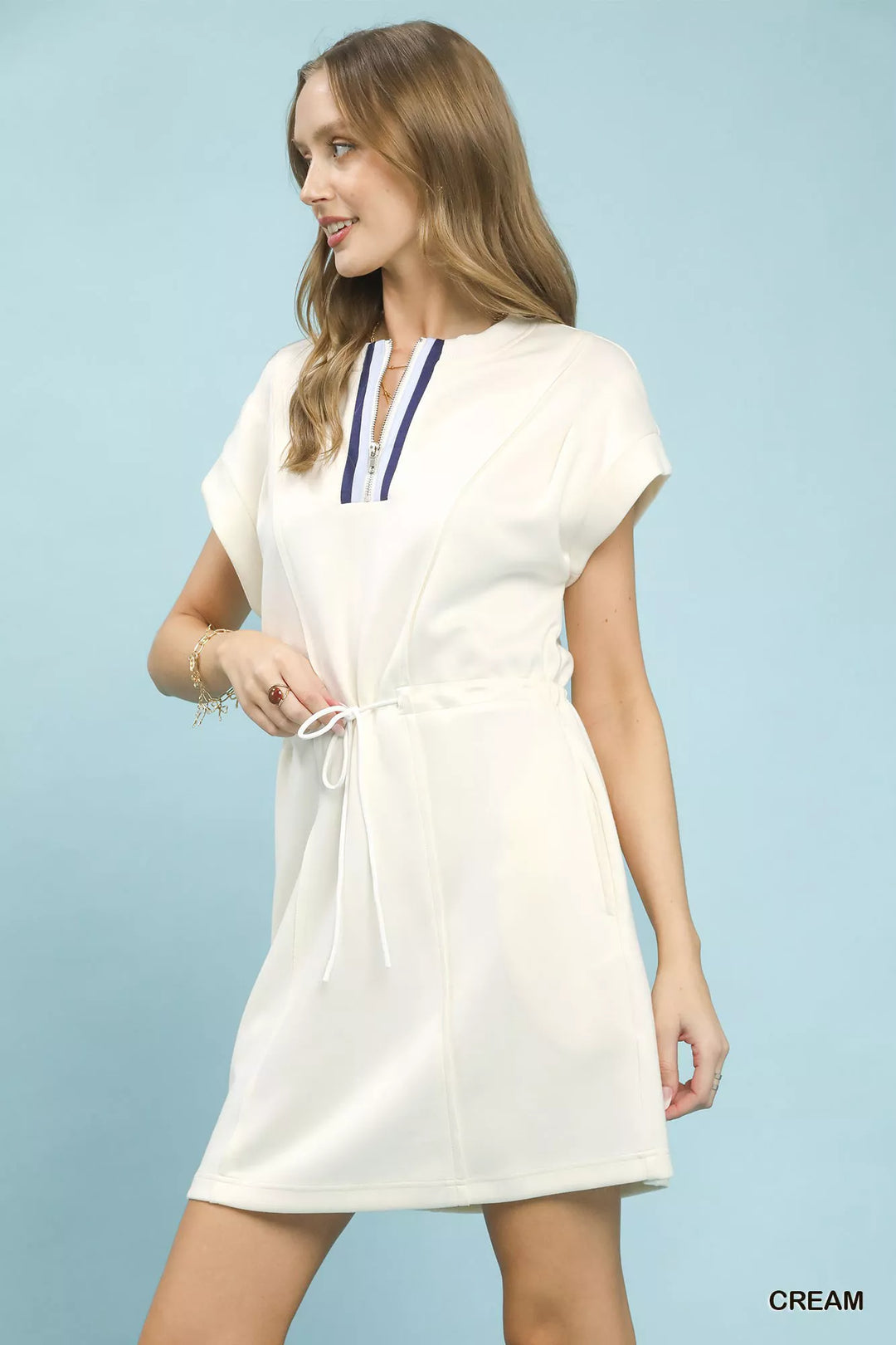 Cream Umgee Knit Zip Front Drawstring Dress