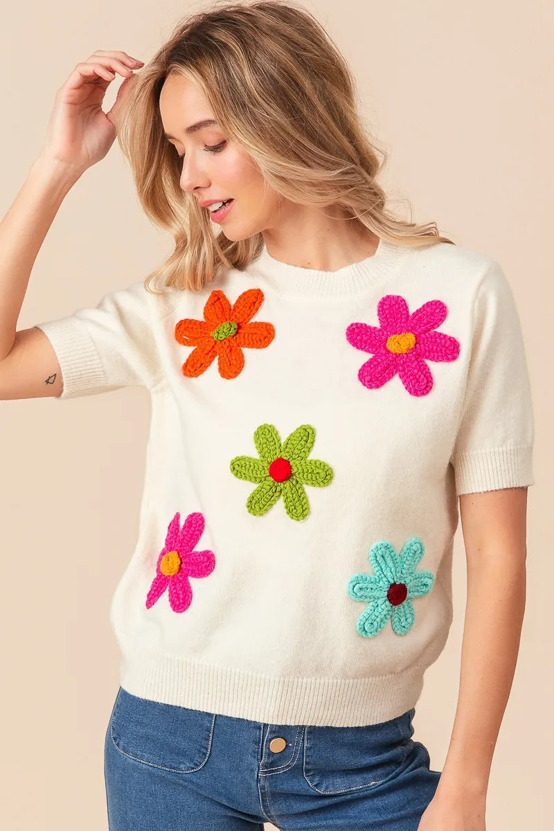 Ivory Bibi Crochet Flower Patch Sweater Top