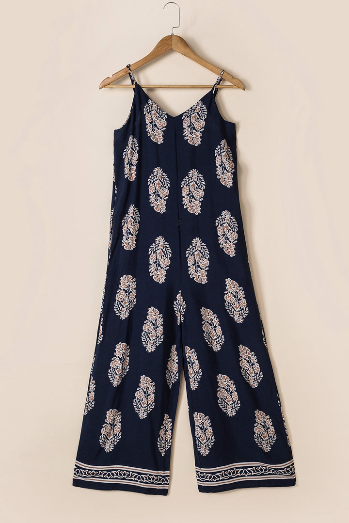 Dark Blue Printed V Neck Sleeveless Jumpsuit