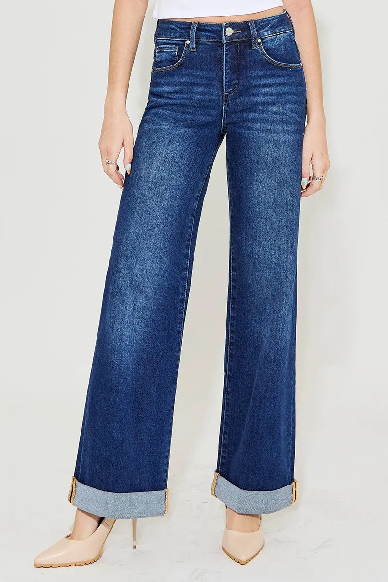Dark Risen Full Size Tummy Control High Rise Wide Leg Cuffed Jeans Plus Size