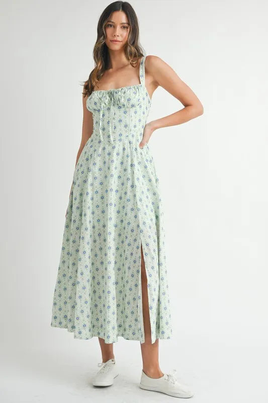 Mint Mable Floral Print Bustier Back Lace Up Midi Dress
