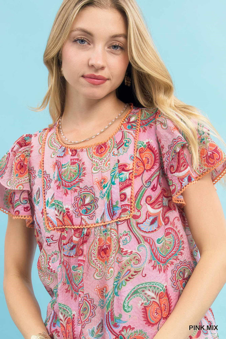 Umgee Mix Paisley Ruffle Sleeve Top 1