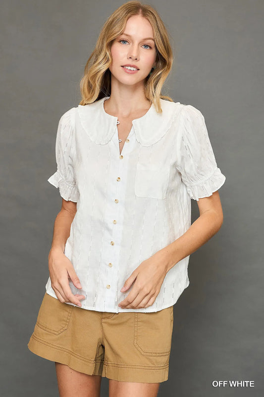 Off White Umgee Peter Pan Collared Button Down Textured Shirt With Ruffled Detail 1