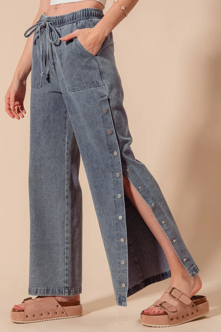 So Me Mid Rise Drawstring Jeans With Side Snap Button