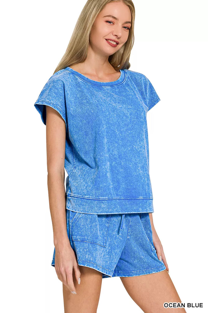 Ocean Blue Zenana Premium Cotton Washed Sleeveless Top Shorts Set 1