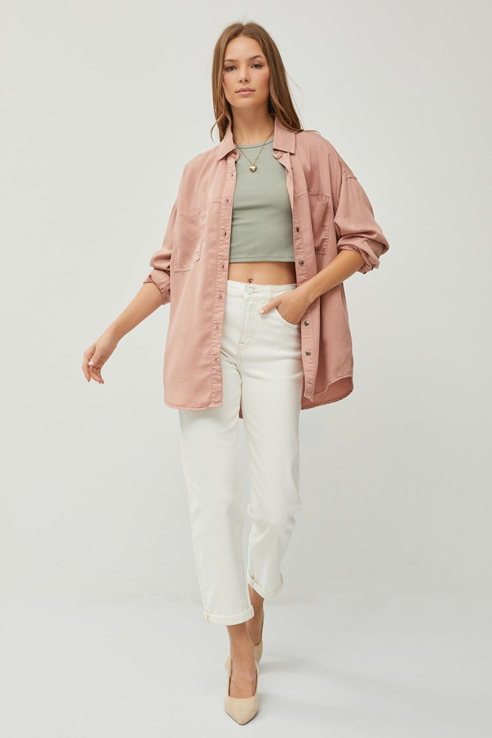 Mauve Risen Full Size Button Up Long Sleeve Denim Shirt