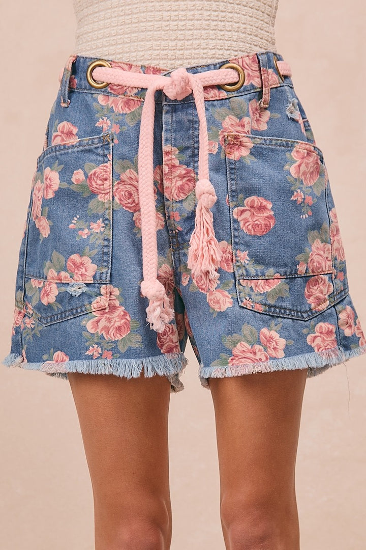 Denim Bibi Braided Waist Belt Patch Pockets Floral Print Denim Shorts