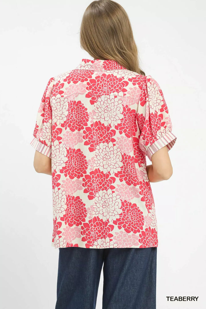 Teaberry Umgee Floral Collared Short Sleeve Blouse