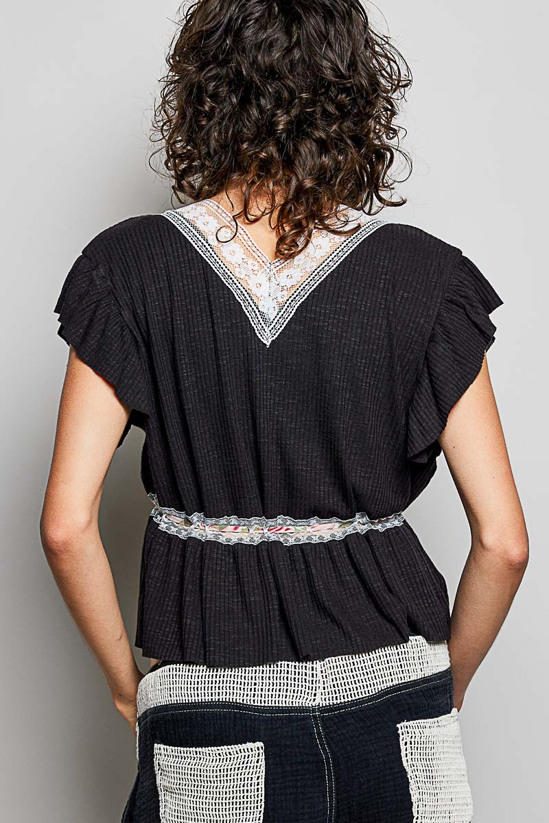 Pol Tied Ruffled V Neck Short Sleeve Blouse With Lace Detail