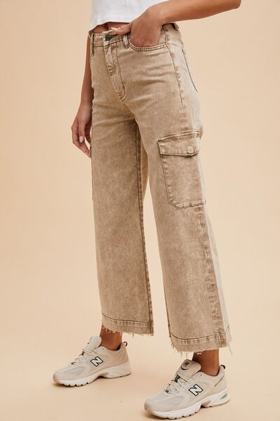 Camel Annie Wear Raw Hem Wide Leg Jeans With Cargo Pockets