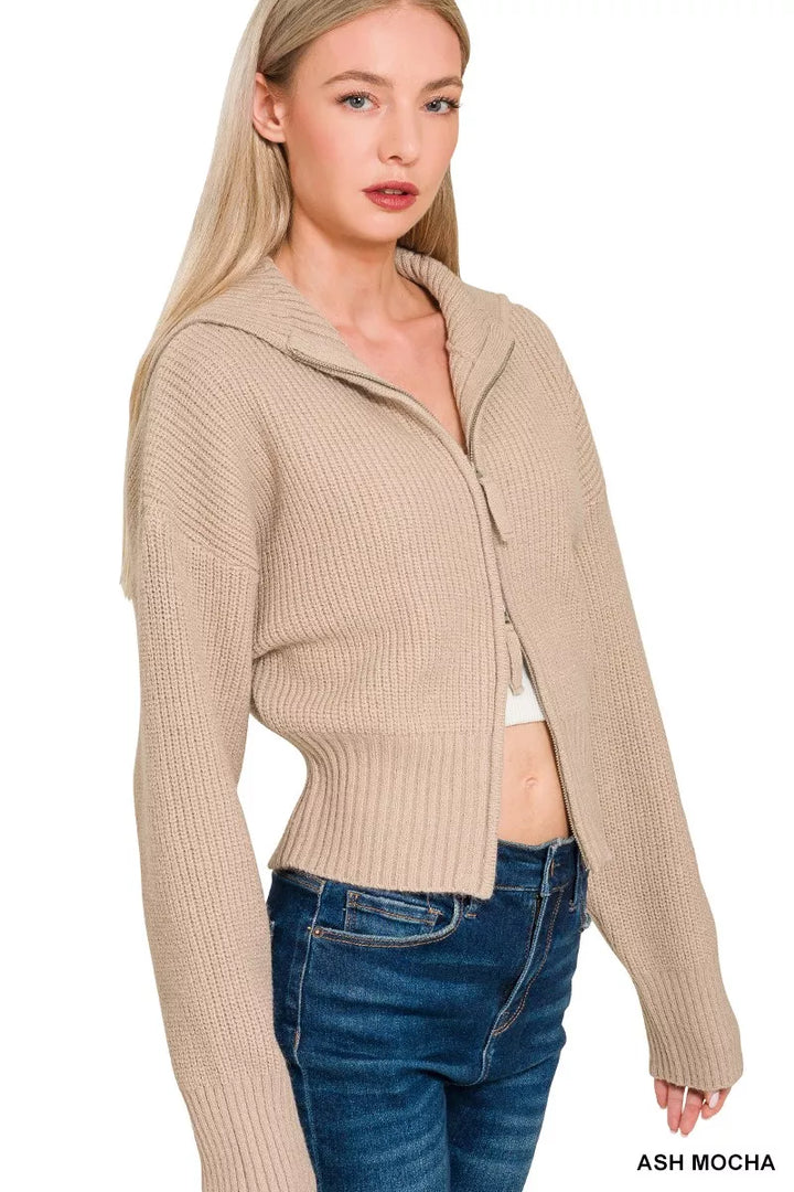 Ash Mocha Zenana Ribbed Collared Zip Up Sweater Cardigan 5