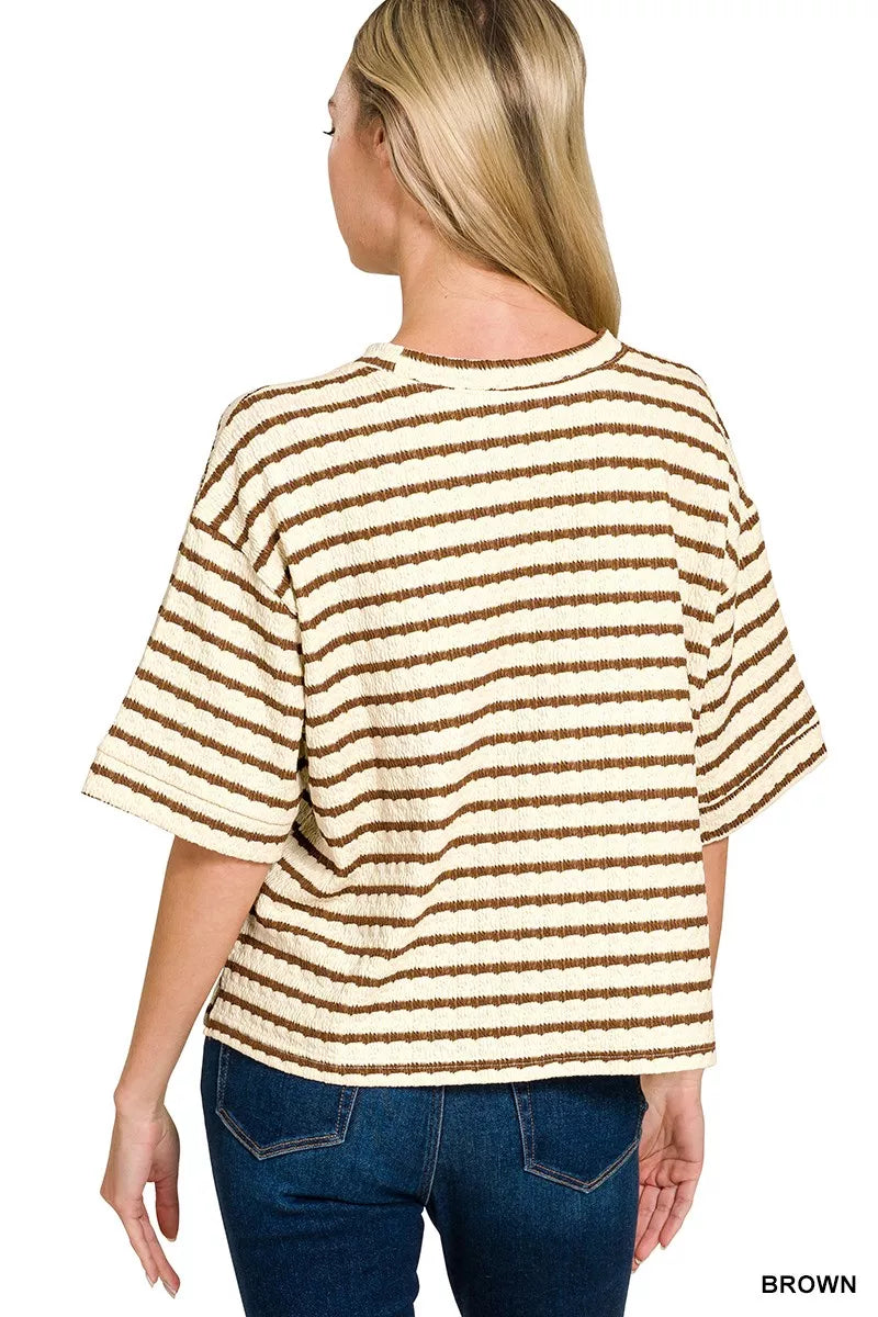 Brown Zenana Striped Short Sleeve Tee Shorts Set