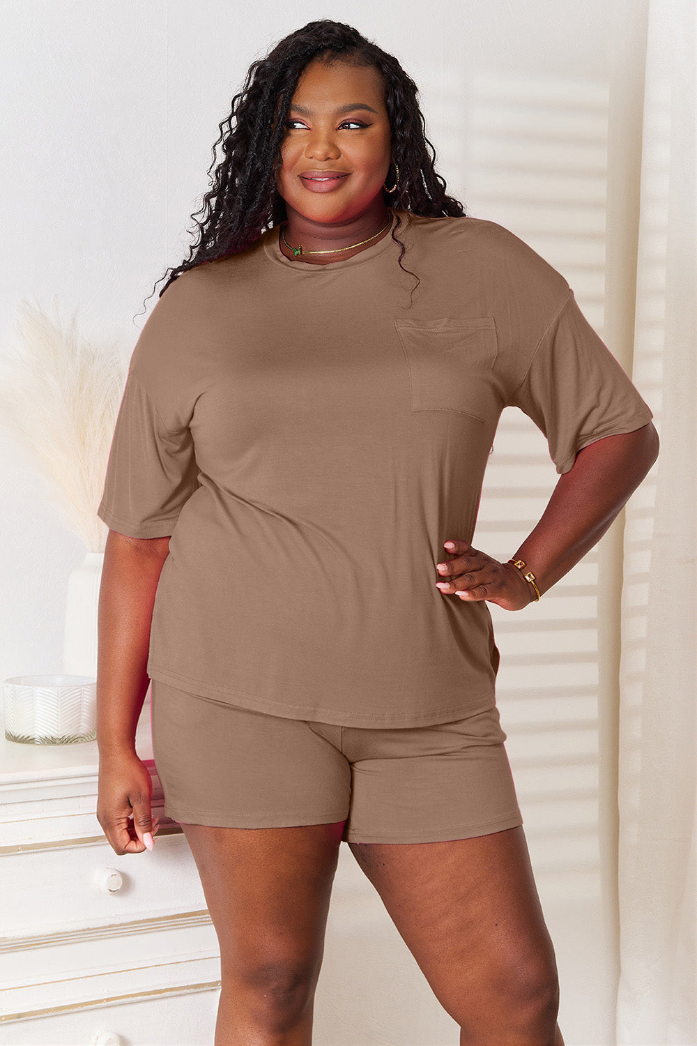 Black Basic Bae Full Size Soft Rayon Half Sleeve Top And Shorts Set