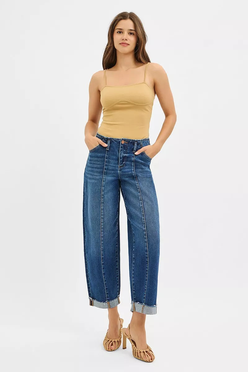 Dark Risen High Rise Fit Barrel Cuffed Jeans