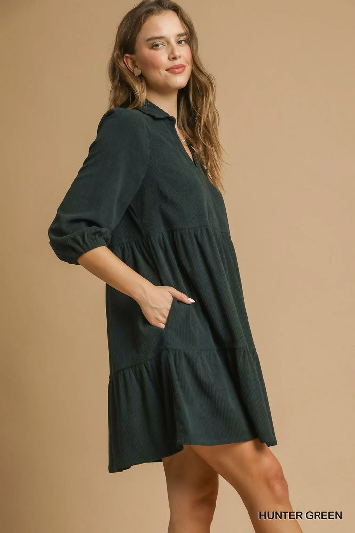 Hunter Green Umgee Tiered Johnny Collar Balloon Sleeve Dress