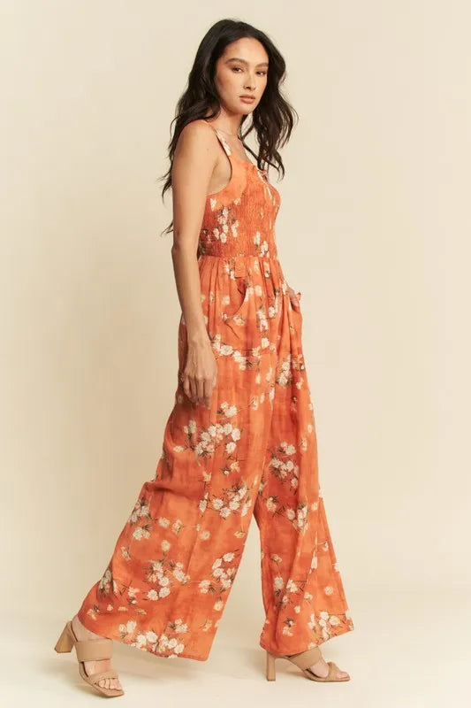 Orange Davi Dani Floral Ruffle Square Neck Smocking Bodice Jumpsuit