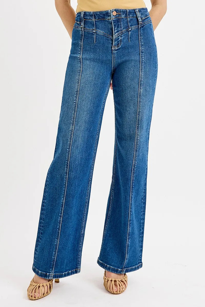 Dark Risen Seam Detail Wide Leg Jeans