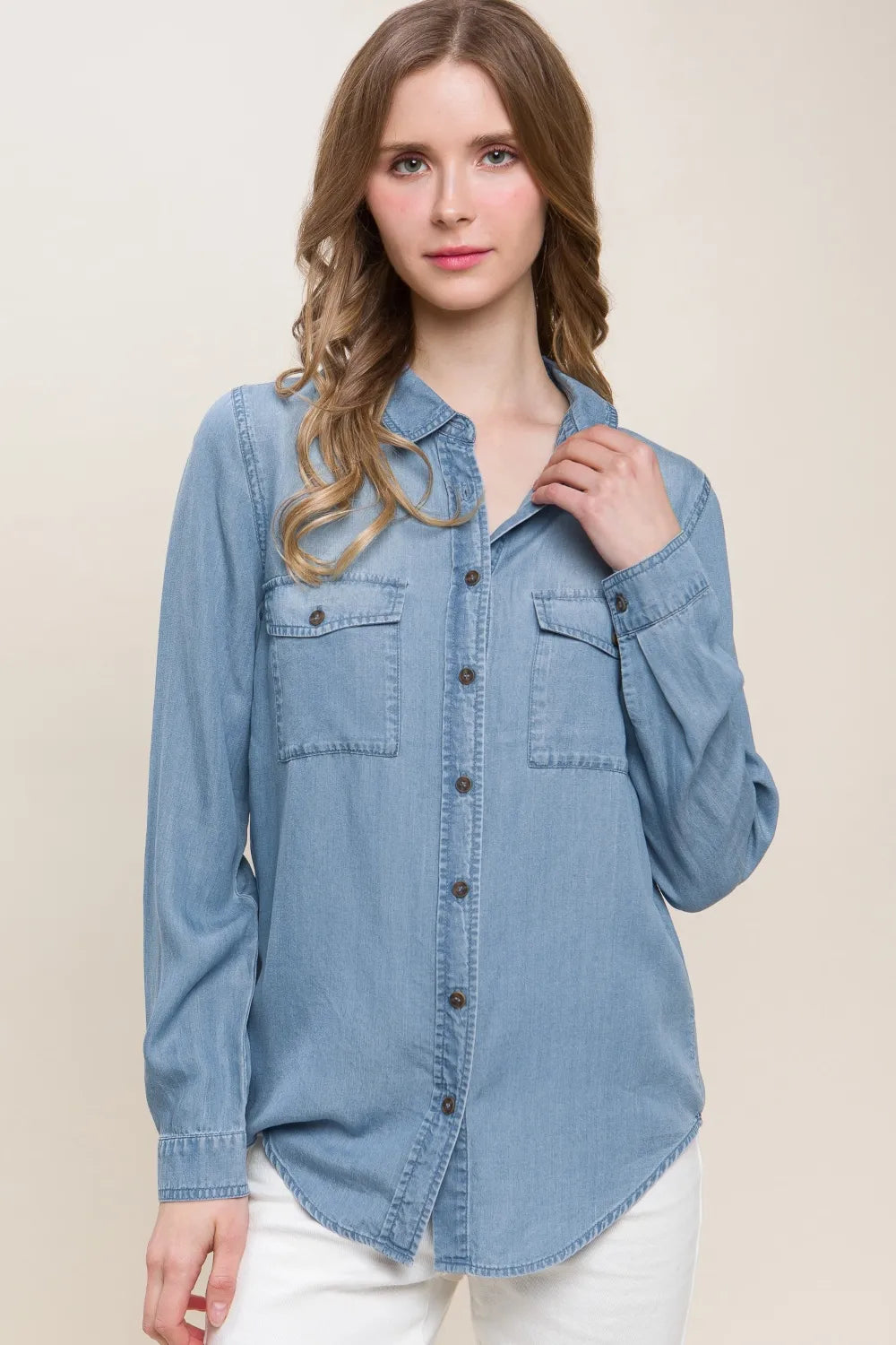 Blue Love Tree Scooped Hem Button Up Denim Shirt