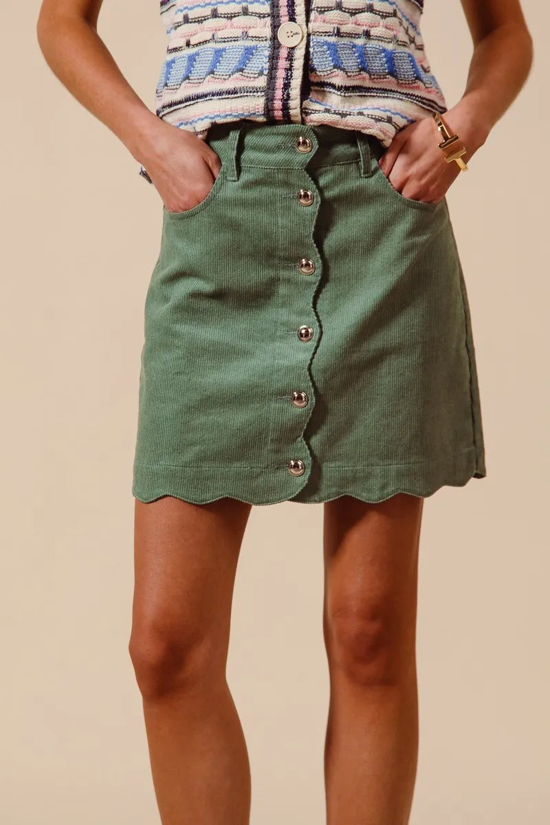 Dusty Sage So Me Scallop Buttoned Front Corduroy Mini Skirt 3