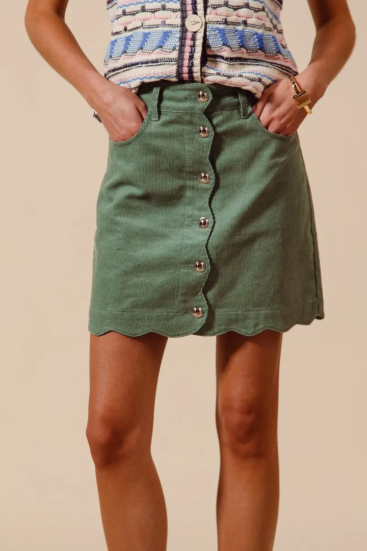 Dusty Sage So Me Scallop Buttoned Front Corduroy Mini Skirt 3