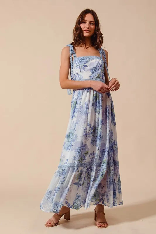 Off White/Blue So Me Floral Print Flowy Maxi Dress With Lace Ribbon Tie