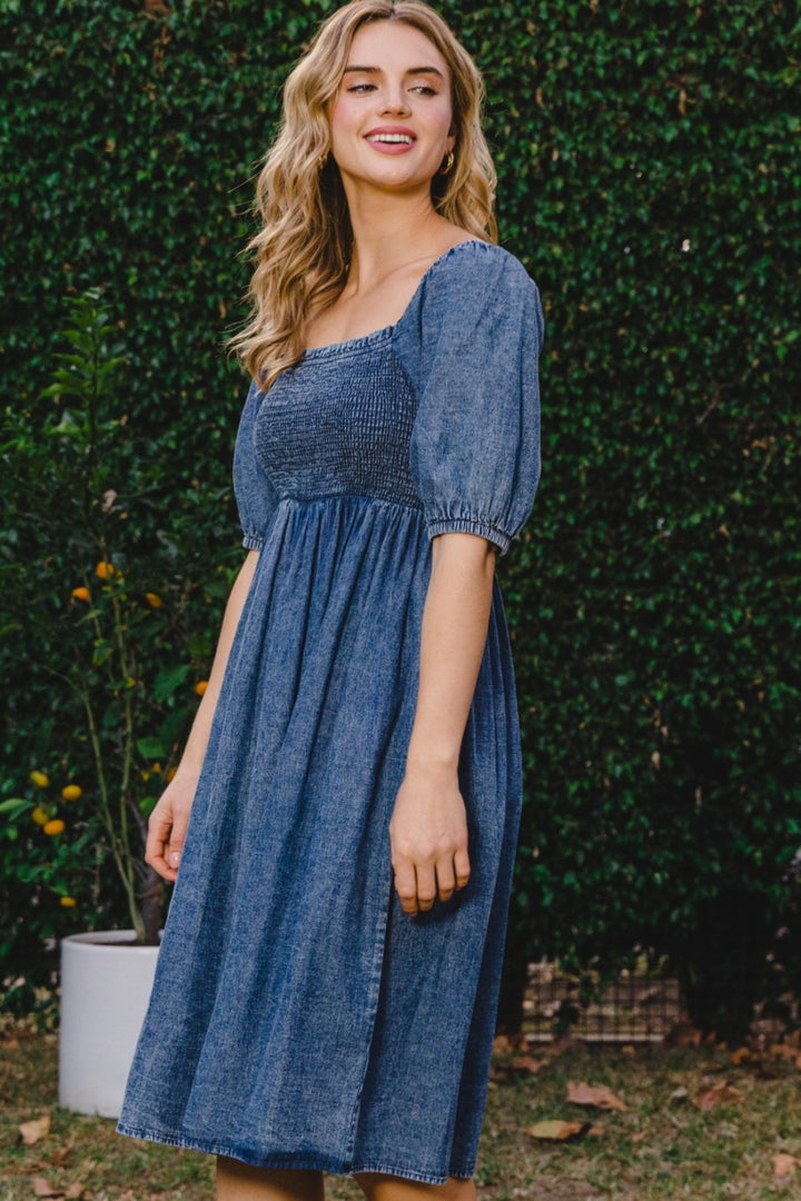 Washed Denim Oddi Full Size Washed Smocked Puff Sleeve Dress