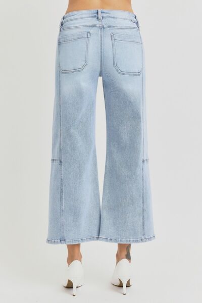 Light Risen Full Size High Rise Seamed Detail Wide Leg Crop Jeans