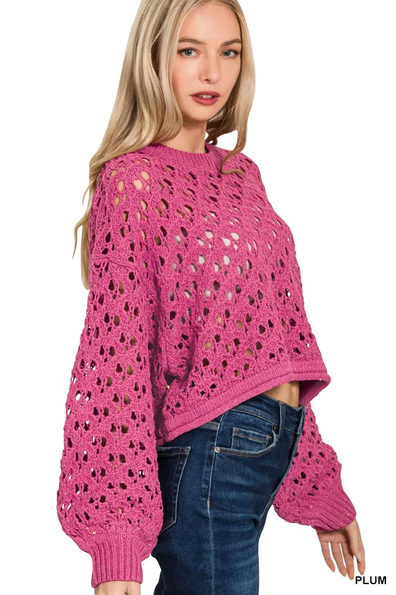 Plum Zenana Oversized Cropped Crochet Knit Sweater