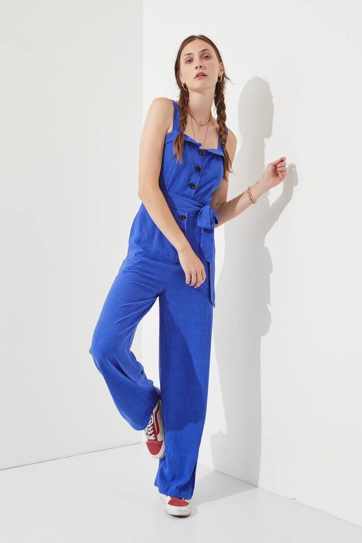Royal Blue Sleeveless Adjustable Strap Button Down Jumpsuit