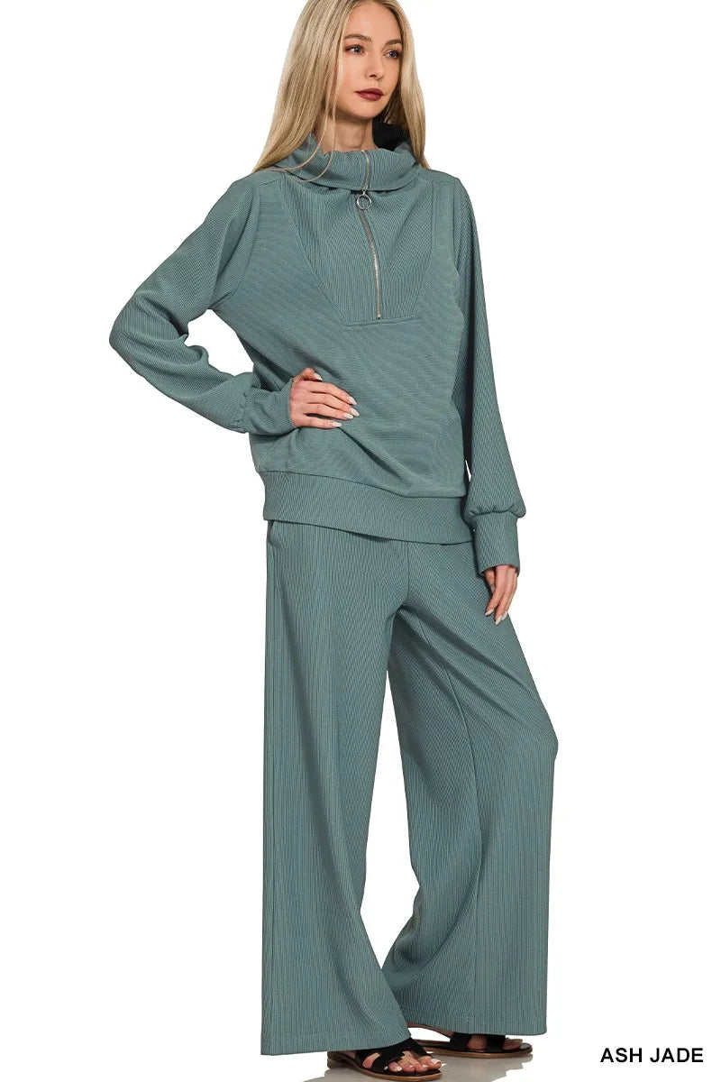 Ash Jade Zenana Ribbed High Neck Half Zip Pullover Pants Set 1