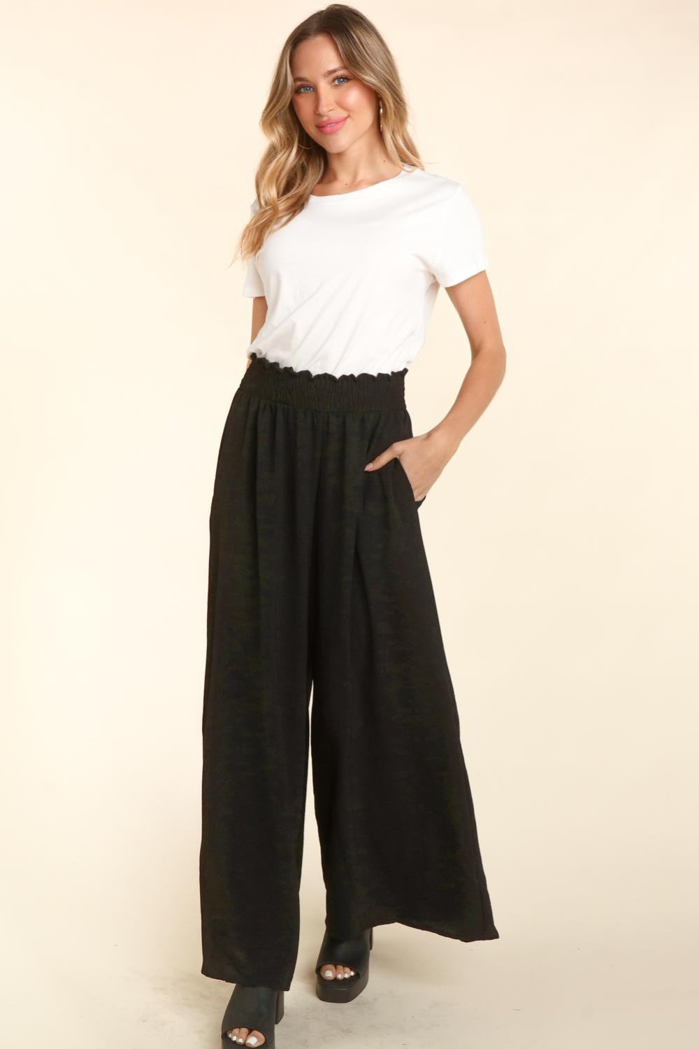Black Haptics Elastic Waist Wide Leg Pants With Pockets